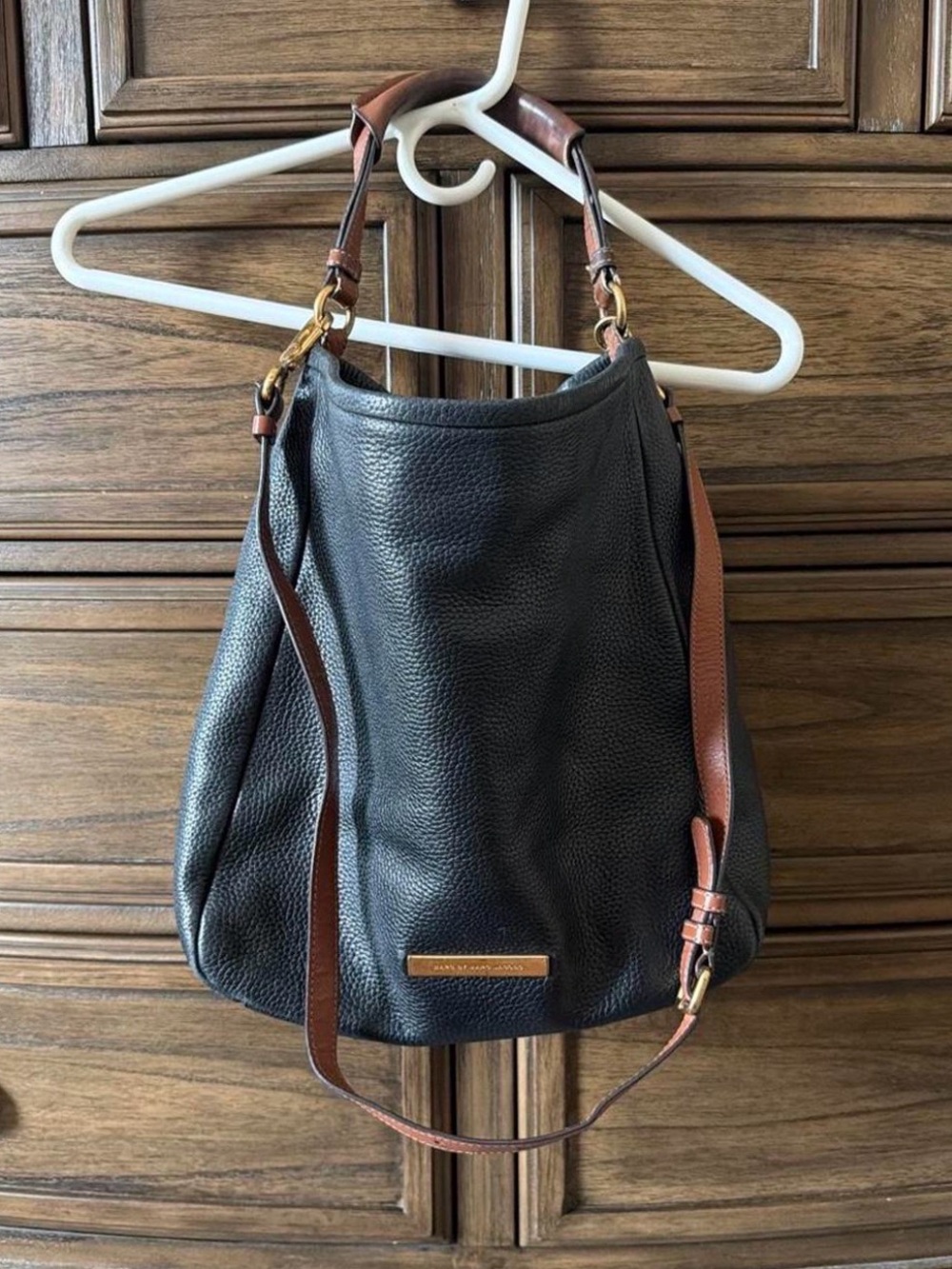 Marc by Marc Jacobs Black Pebbled Leather Hobo with Brown Strap Accents